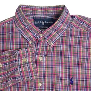 Ralph Lauren Men Classic Fit Plaid Button Down Shirt Size LG Pink Multicolor